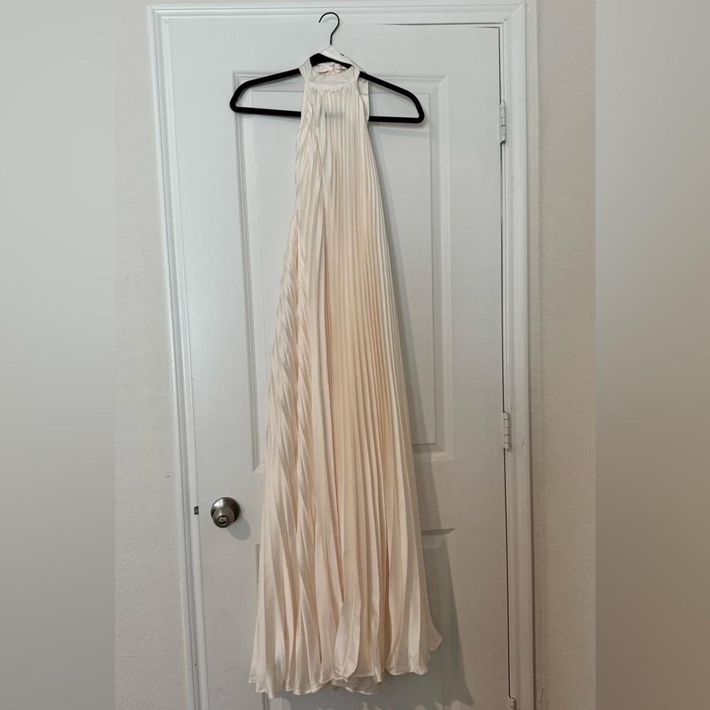 MABLE Cream Satin Pleated Maxi Dress